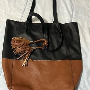 Chic Black and Tan Tote Bag with Tassels